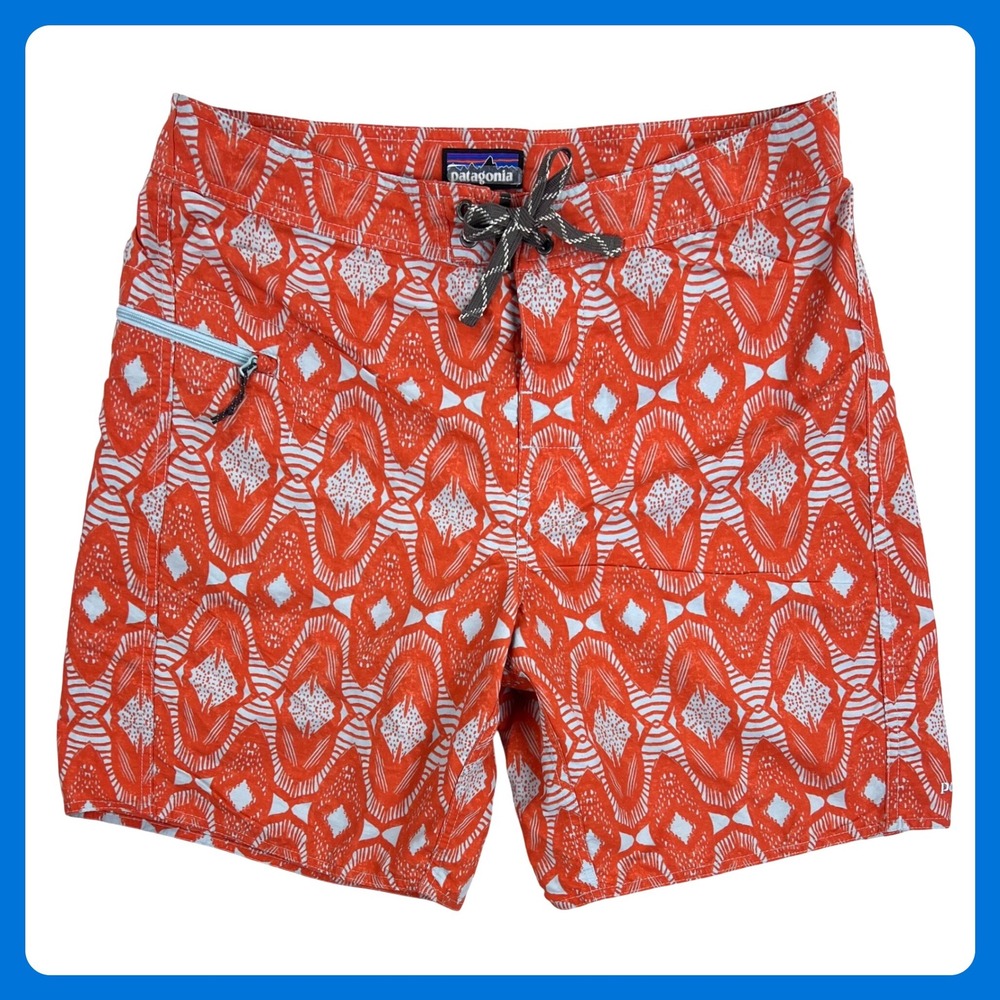 Patagonia Board Shorts Men 34 Orange Grey Geometric Unlined Swim Trunks Surf 8"
